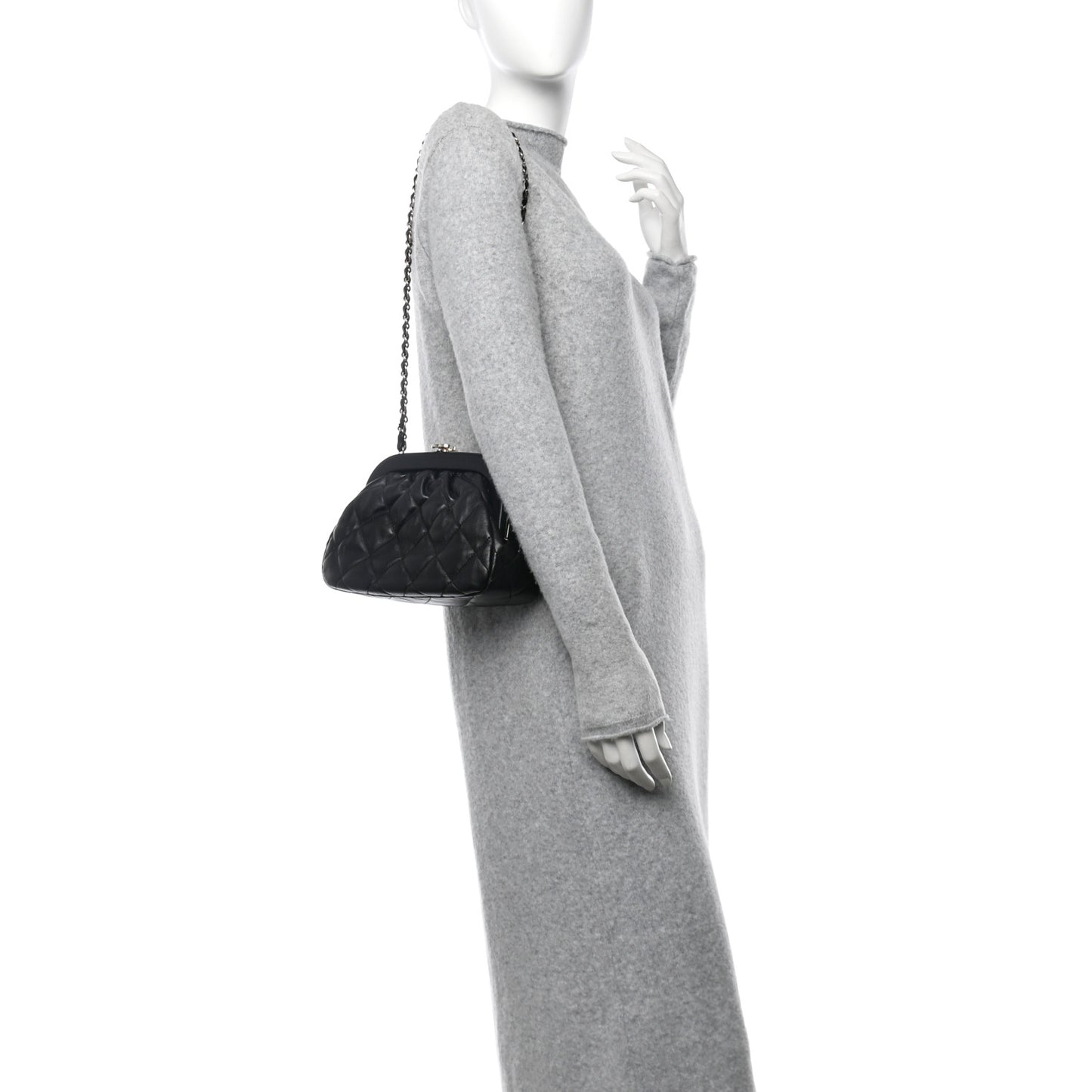 Lambskin Quilted CC Kisslock Clutch Black