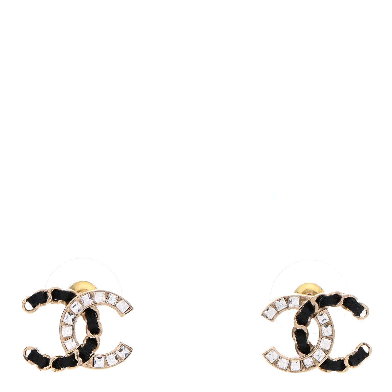 Chanel Crystal Baguette Lambskin Chain CC Vintage Allure Stud Earrings Black Gold 1 of 5