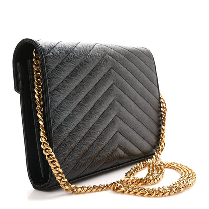 Saint Laurent Grain De Poudre Matelasse Chevron Monogram Chain Wallet Black 3 of 12
