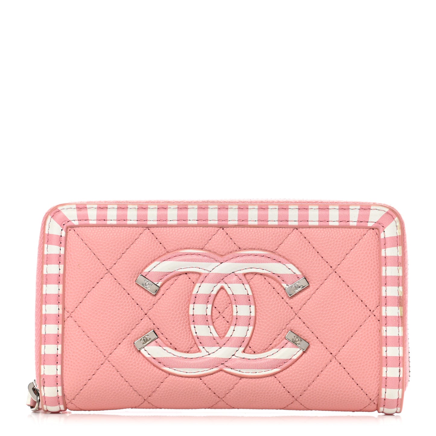 Caviar Quilted Medium Stripe Filigree Zip Around Wallet Pink White