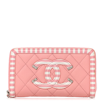 Chanel Caviar Quilted Medium Stripe Filigree Zip Around Wallet Pink White 1 of 15