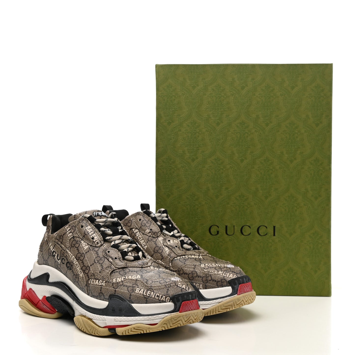 X GUCCI GG Supreme Monogram Allover Logo Womens Triple S Sneakers 40 Beige Ebony Mystic White