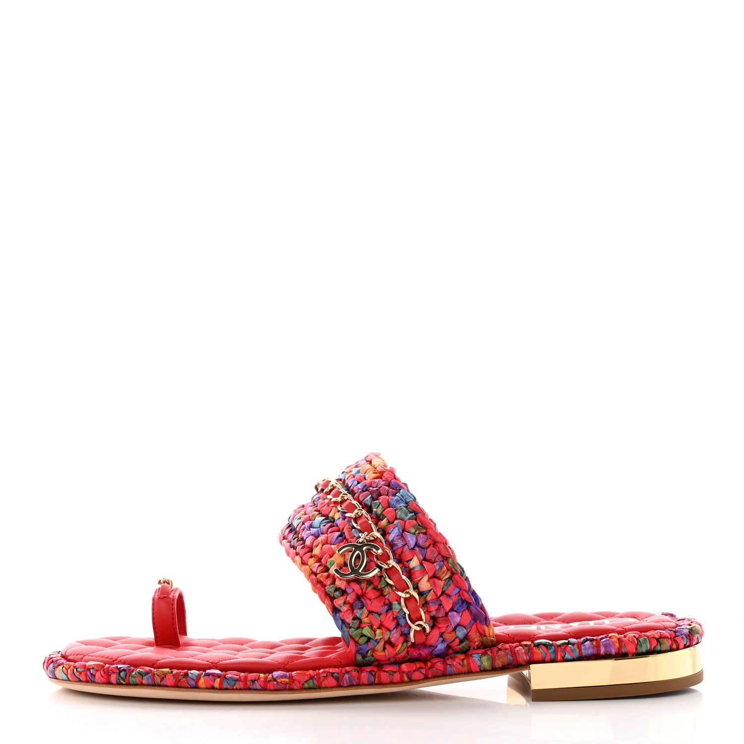 Chanel Raffia Lambskin Woven Chain CC Toe Ring Sandals 40.5 Red Multicolor 1 of 12