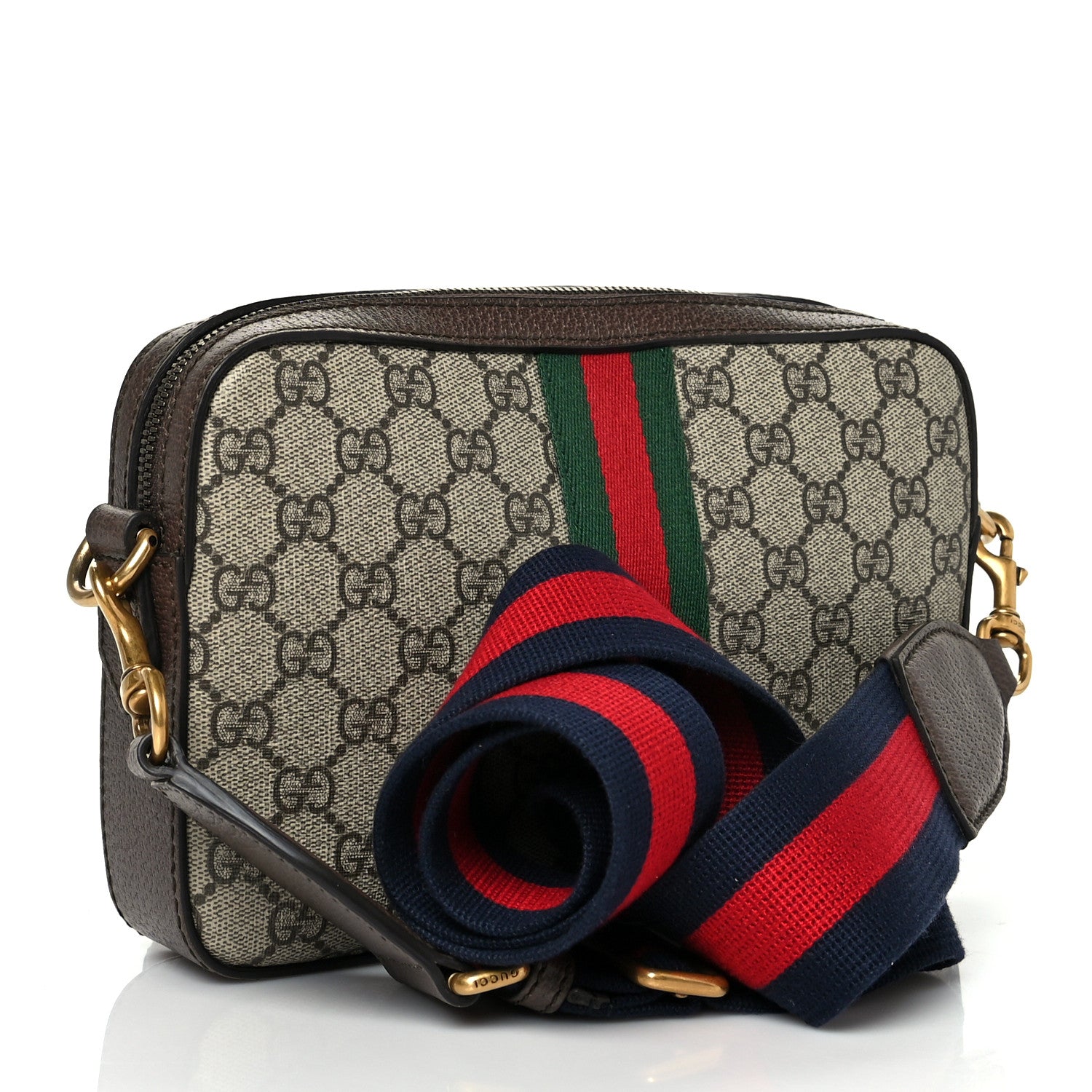 Gucci GG Supreme Monogram Textured Dollar Calfskin Web Ophidia Wristlet Shoulder Bag Beige Ebony New Acero 3 of 10