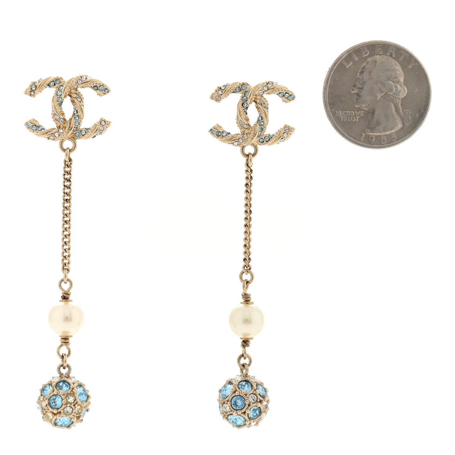 Crystal Pearl CC Ball Chain Drop Earrings Gold Blue