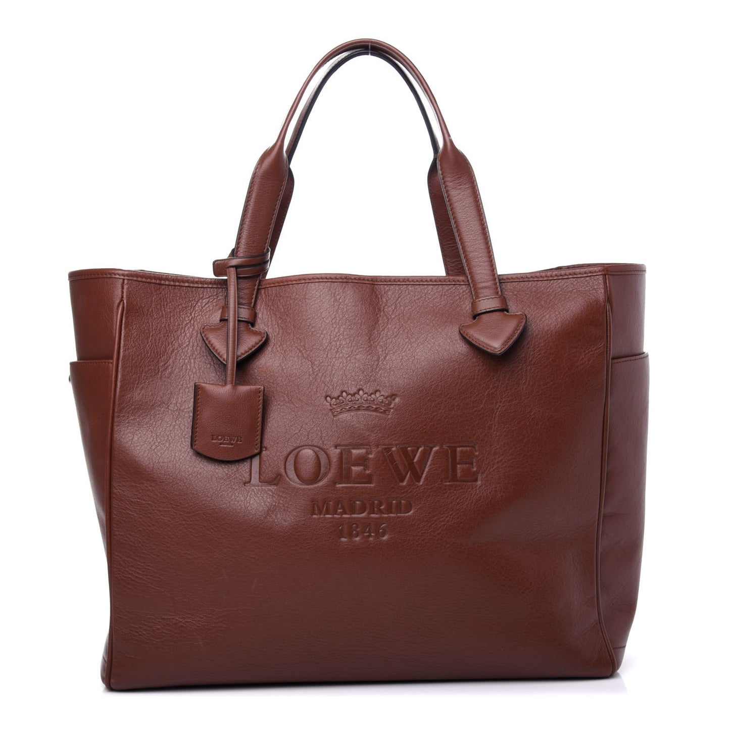 Calfskin Embossed Logo Shopper Tote Brown