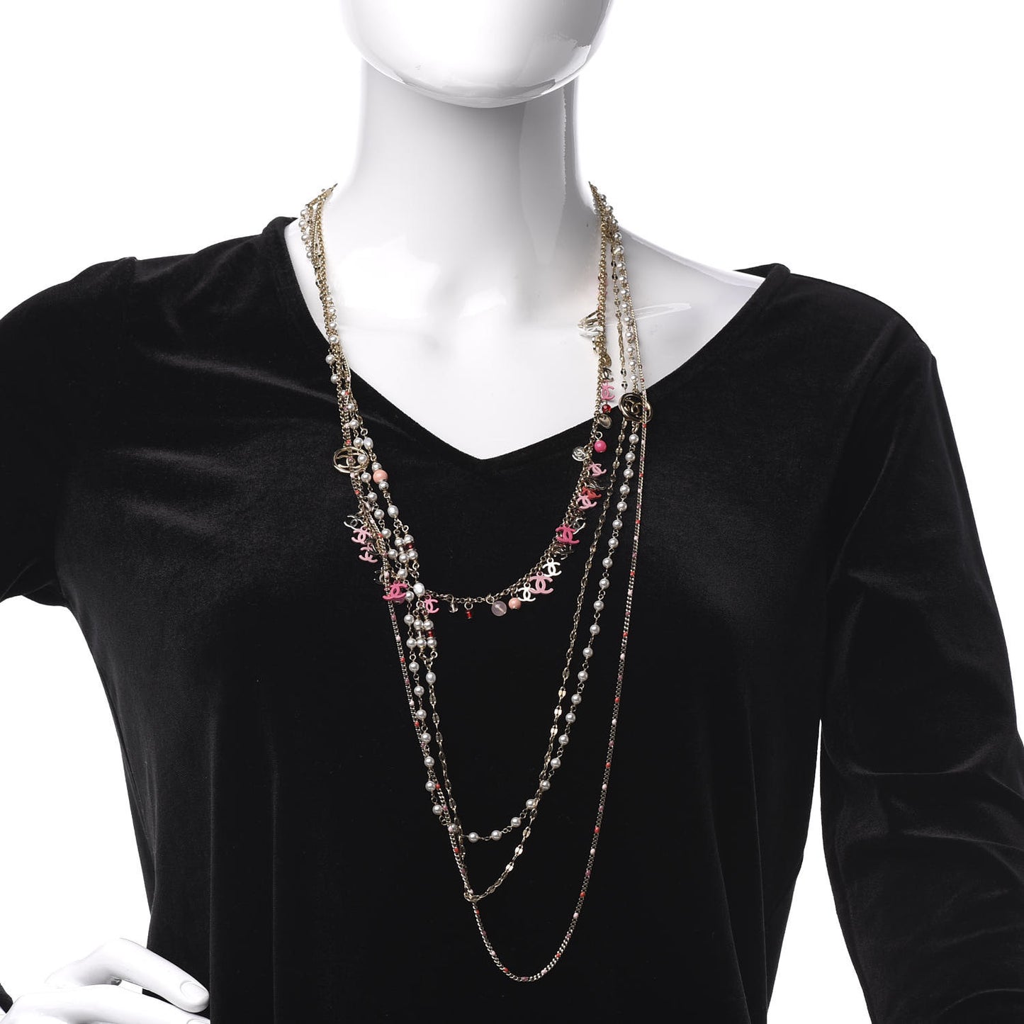 Bead Pearl CC Charm Multistrand Necklace Gold　
