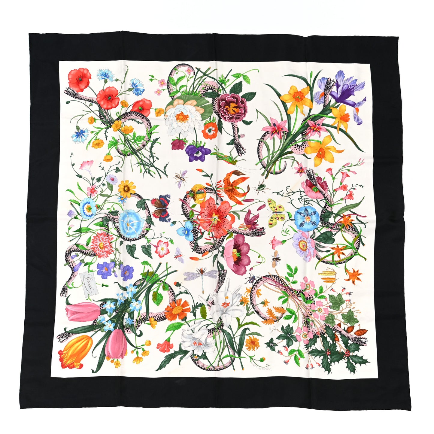Silk Twill Flora Snake Square Scarf Ivory Black