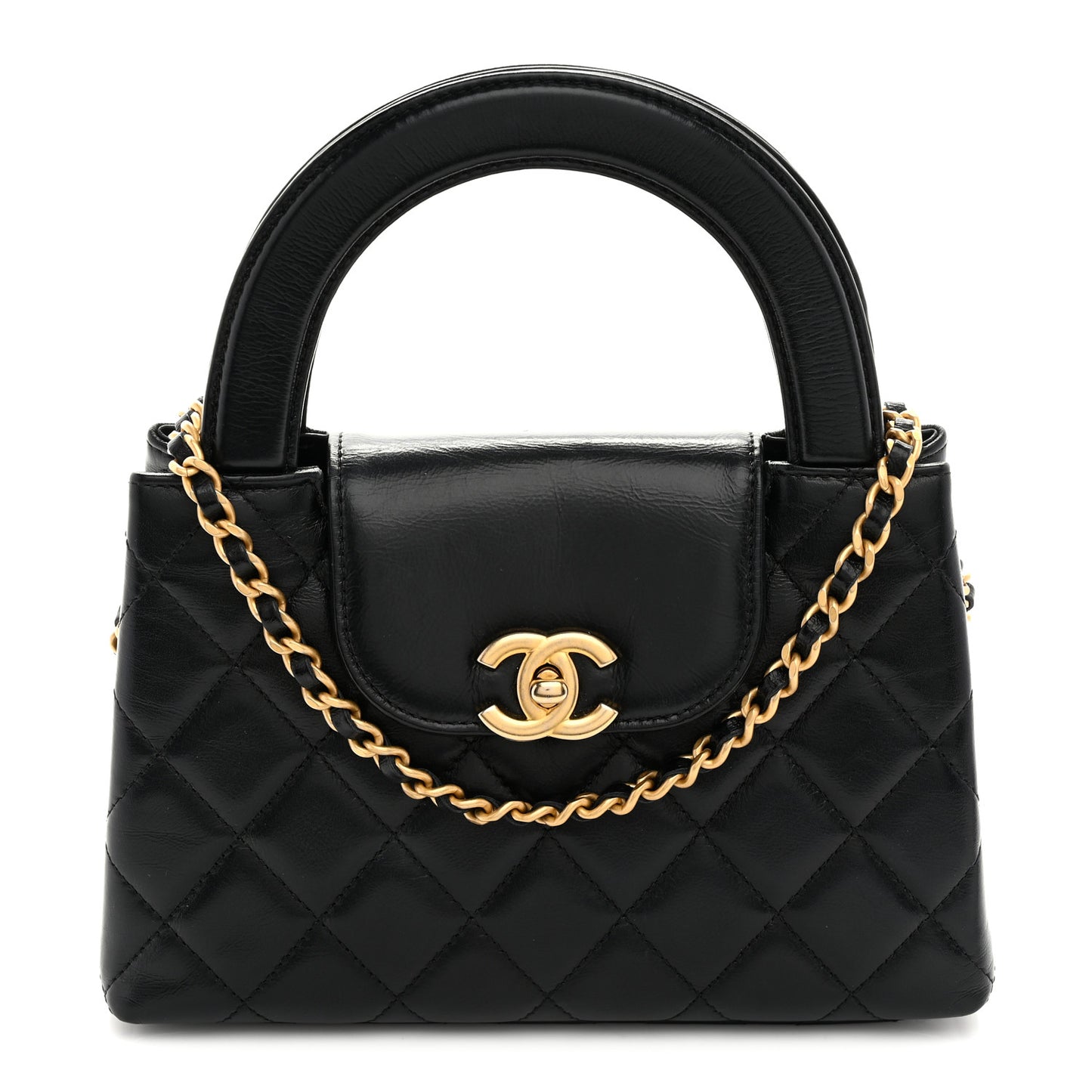 Shiny Aged Calfskin Quilted Nano Kelly Shopper Black