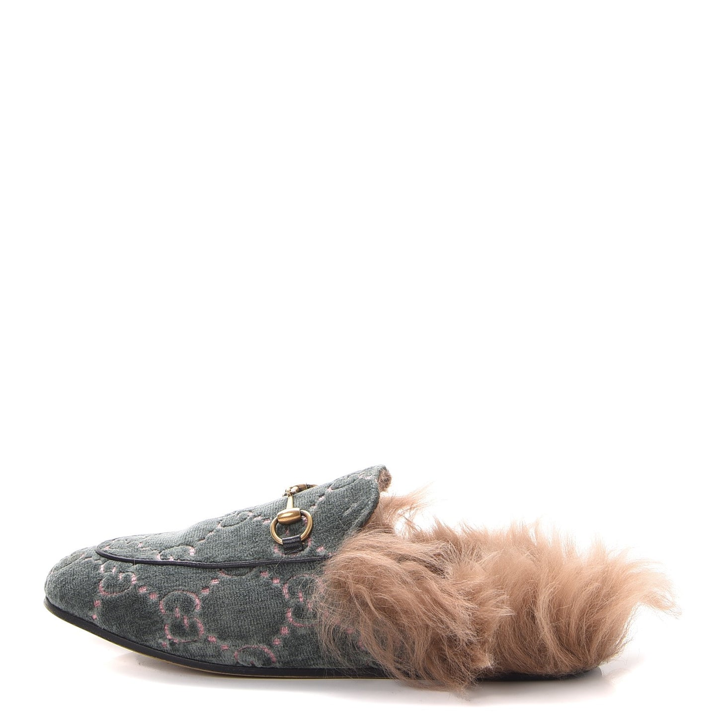 Velvet GG Monogram Fur Womens Princetown Slippers 37.5 Avio Dusty Pink