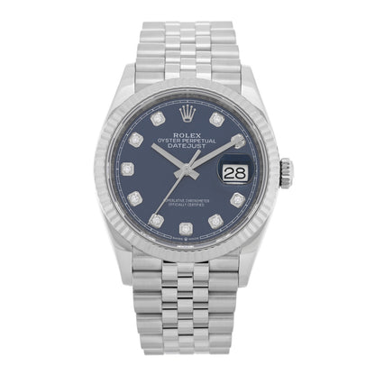 Rolex Stainless Steel 18K White Gold Diamond 36mm Oyster Perpetual Datejust Watch Bright Blue 126234 1 of 5