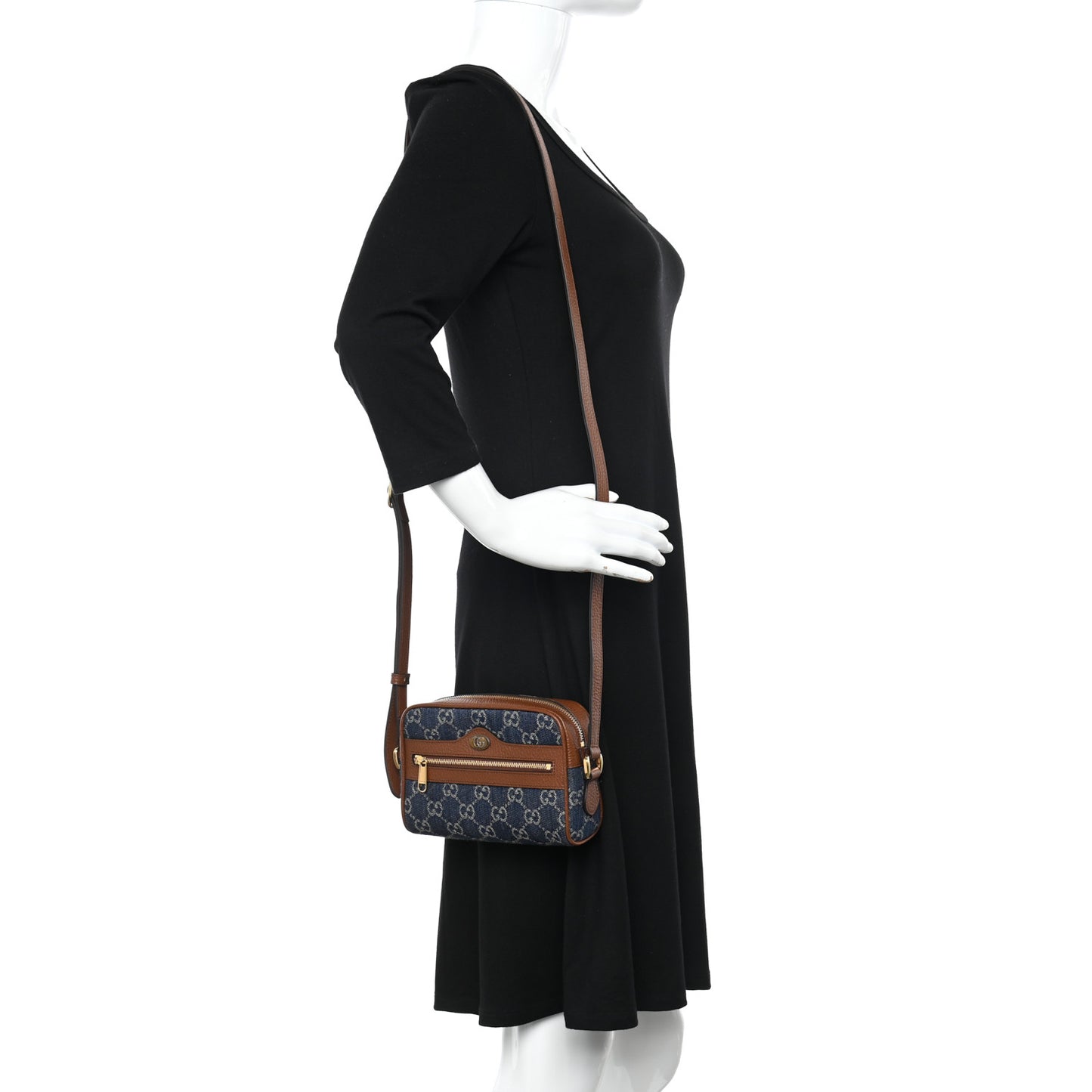 New Denim GG Monogram Dollar Calfskin Mini Ophidia Shoulder Bag Blue Tea Cuir Epilog