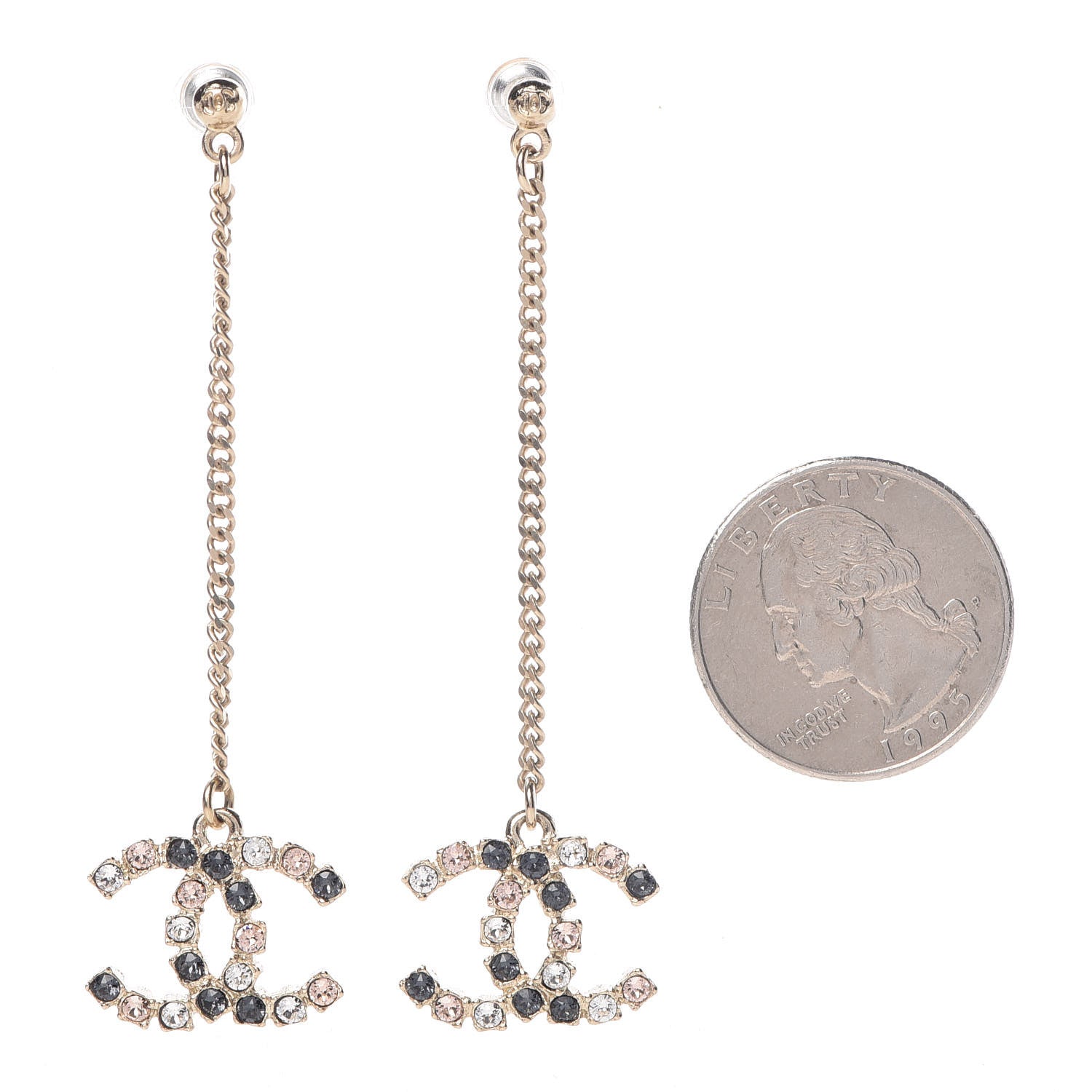 Chanel Crystal CC Drop Earrings Pink Grey Gold 2 of 3