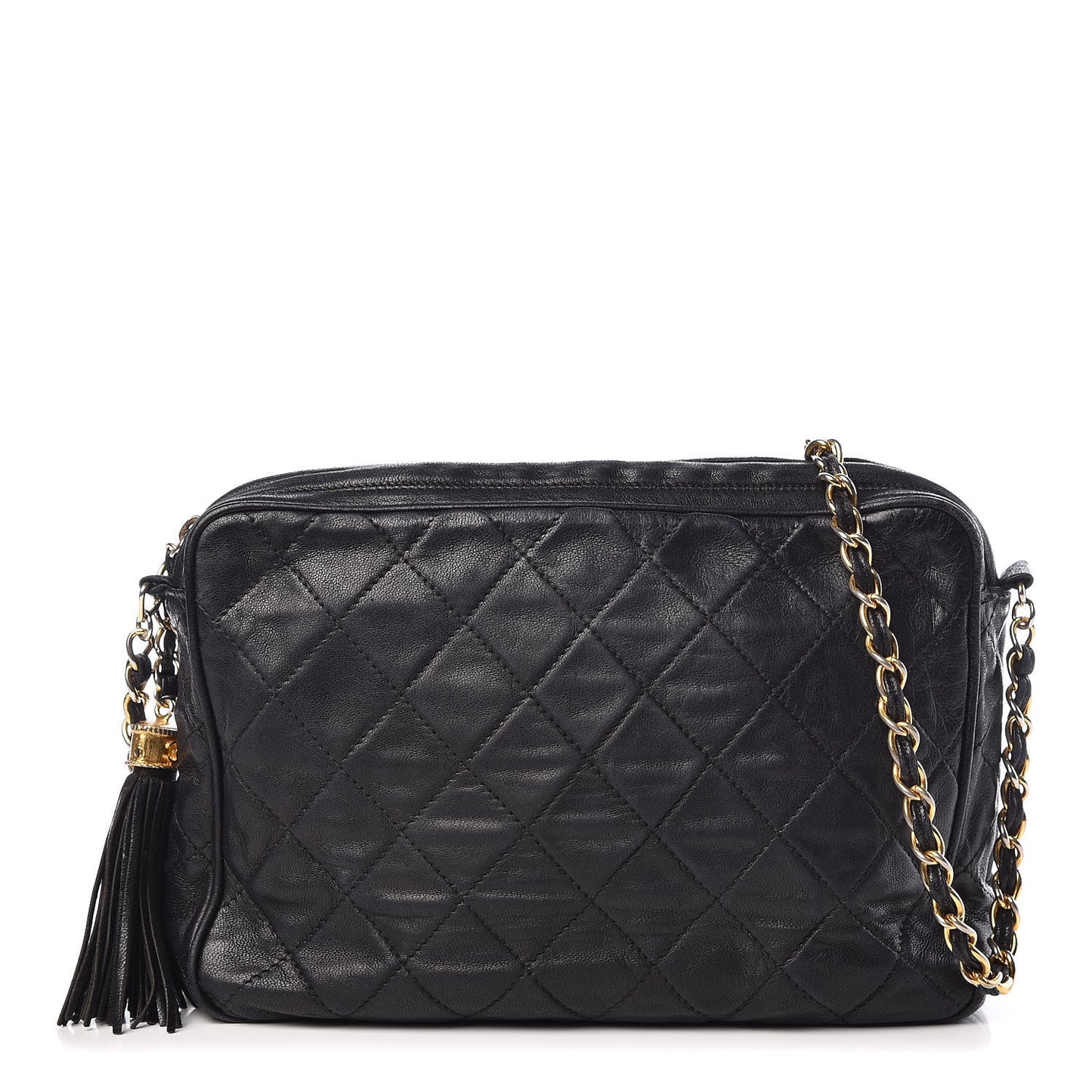 Lambskin Quilted Tassel Camera Case Pouch Black