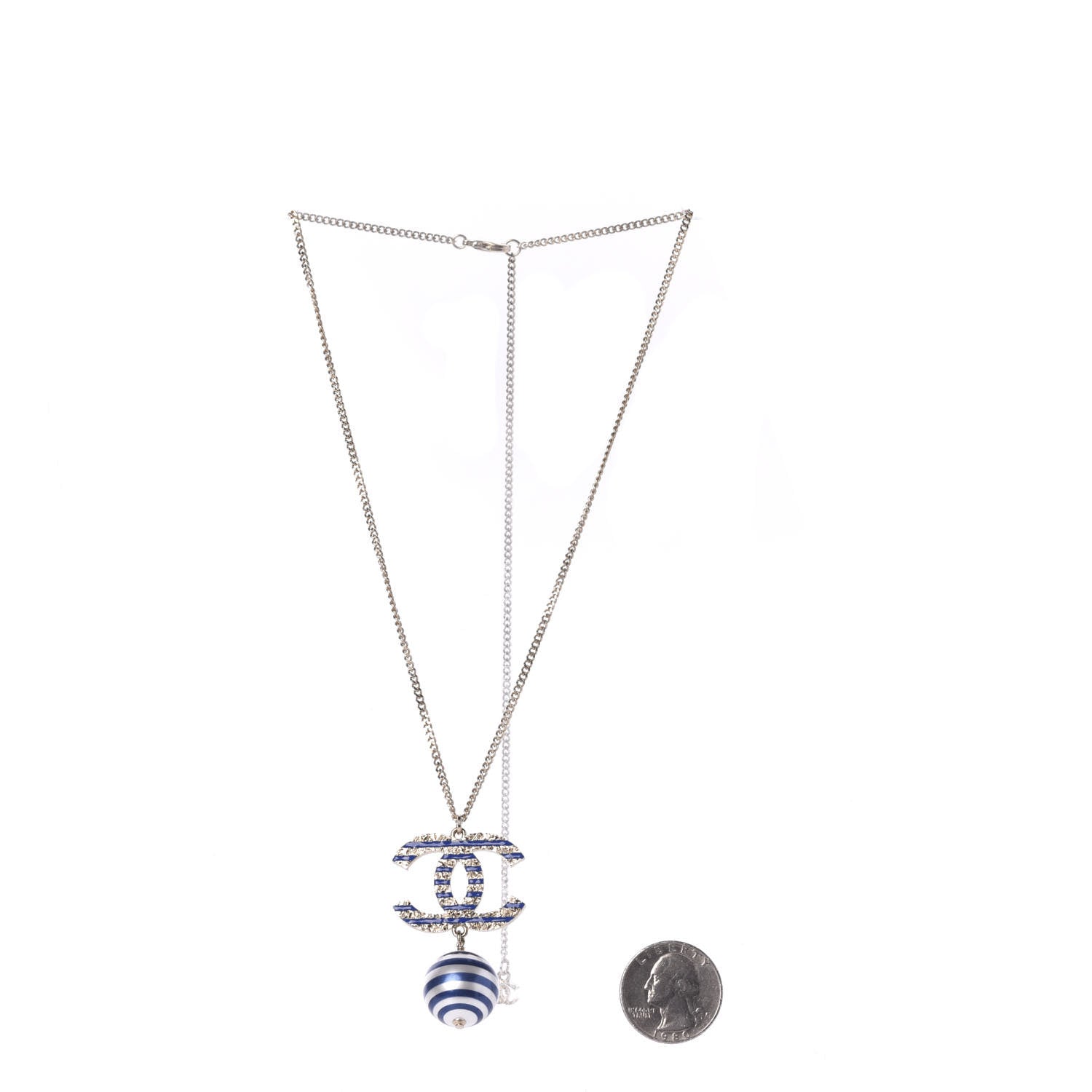 Chanel Resin Pearl Striped CC Drop Necklace Blue Gold 5 of 7