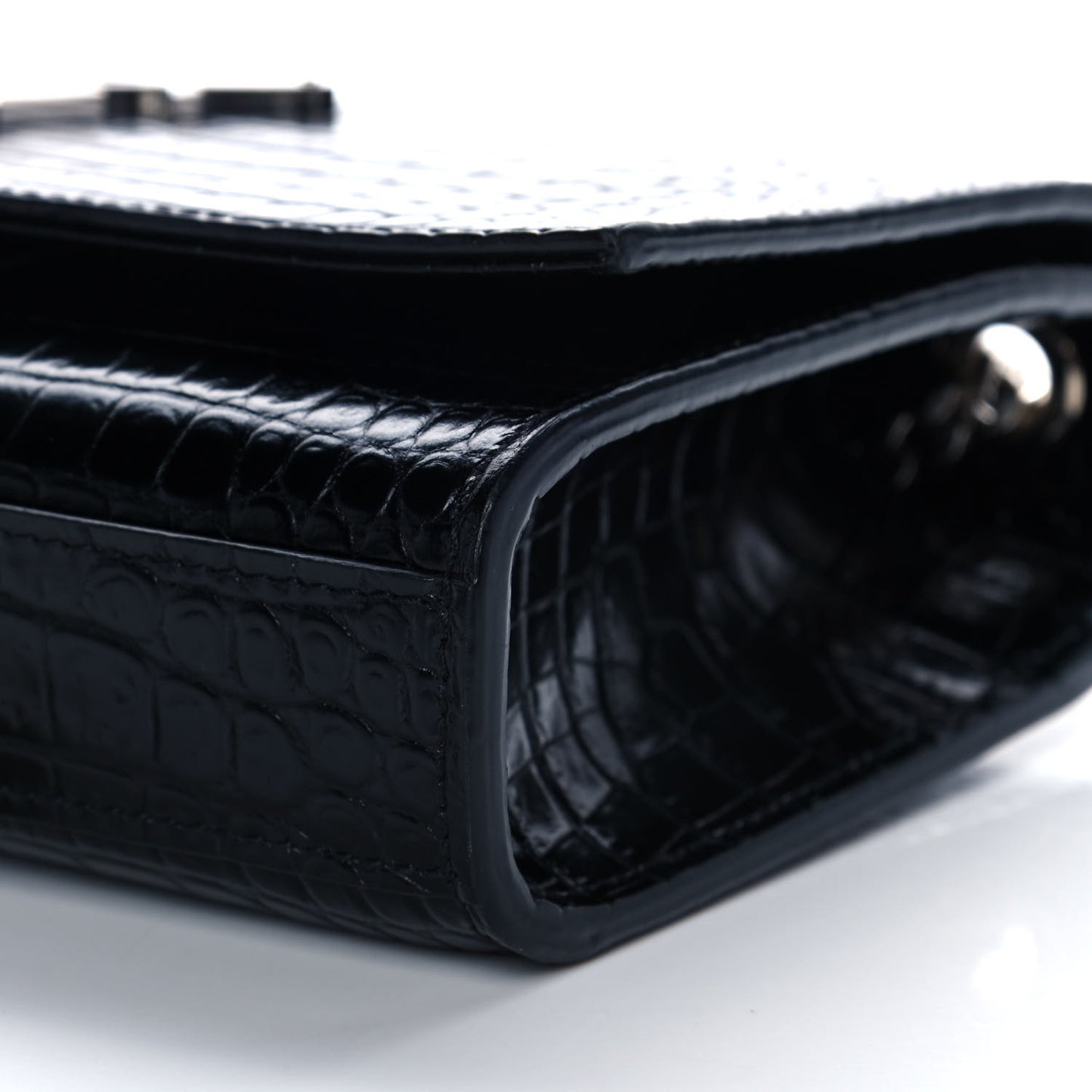 Calfskin Crocodile Embossed Small Classic Monogram Kate Tassel Satchel Black