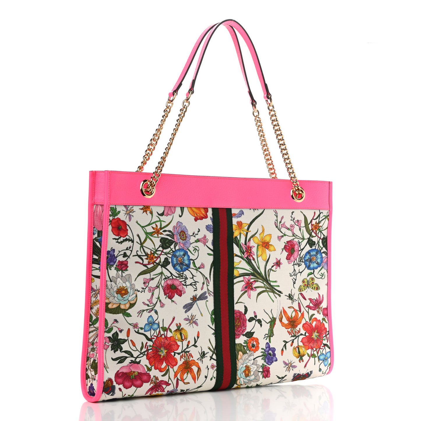 Canvas Flora Large Rajah Chain Tote White Multicolor Fuxia Fluo