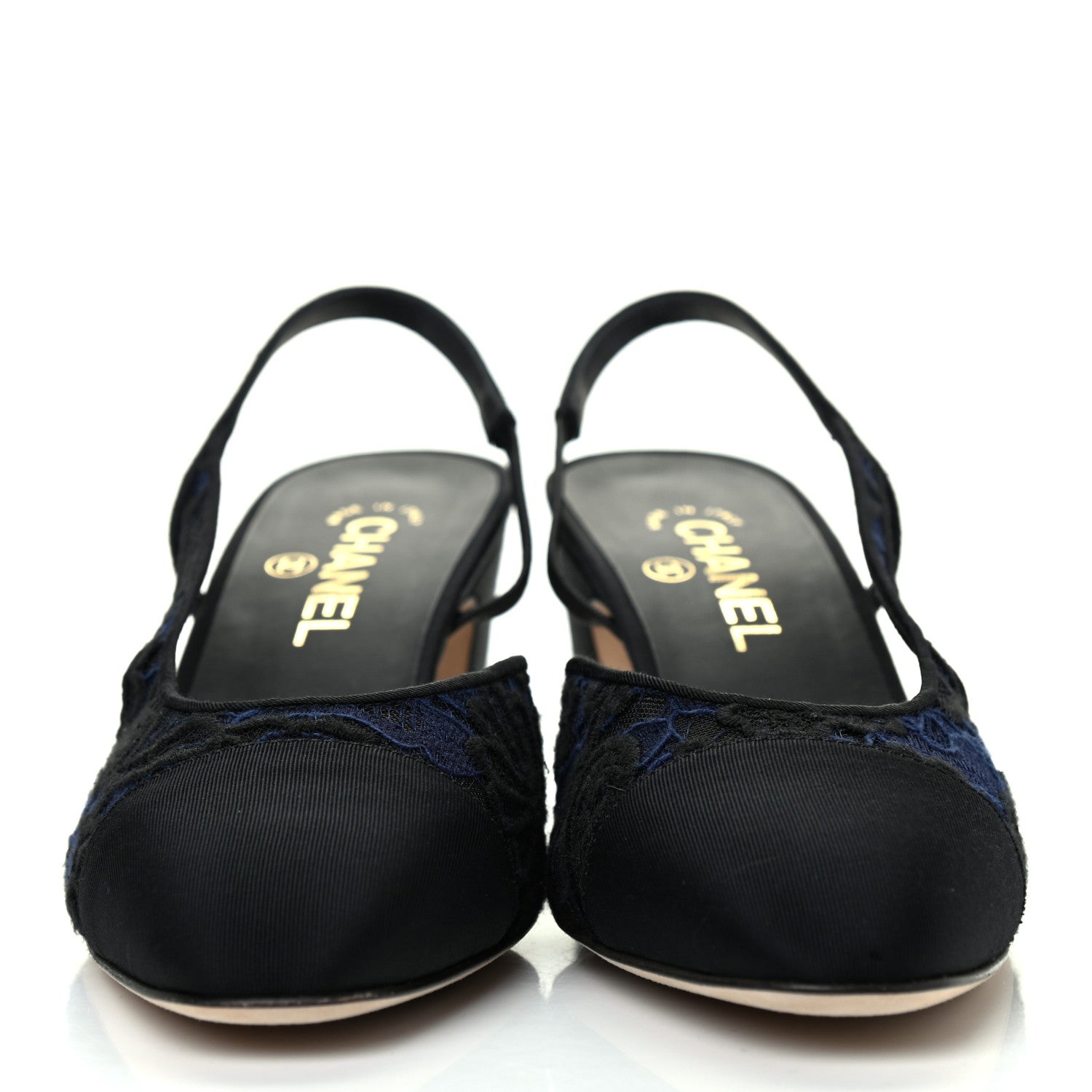 Chanel Lace Grosgrain Cap Toe CC Slingback Pumps 40 Navy Black 2 of 10