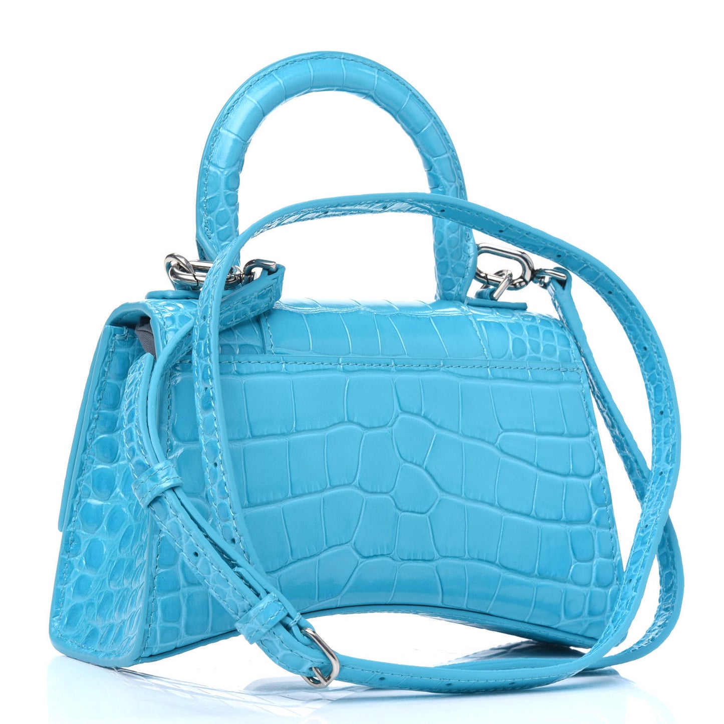 Shiny Calfskin Crocodile Embossed Hourglass Top Handle Bag XS Turquoise