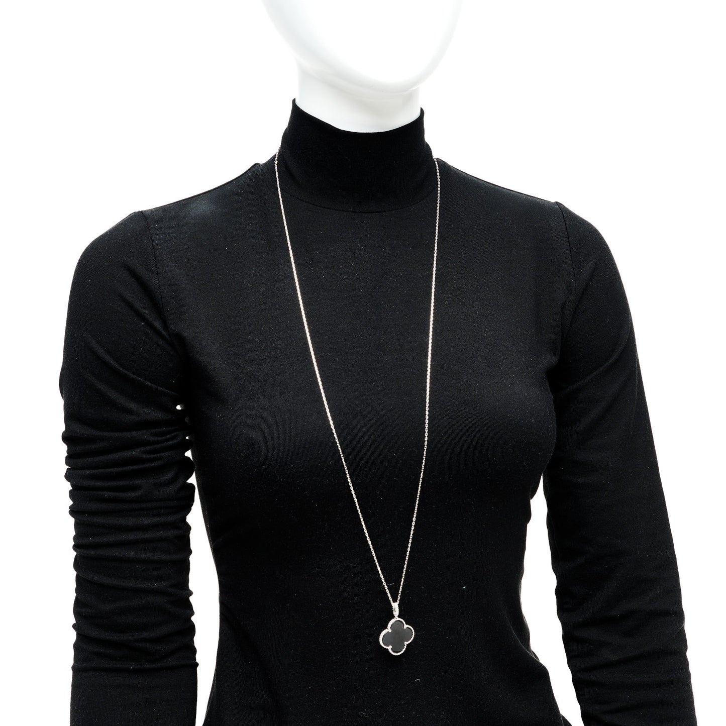 18K White Gold Black Onyx Magic Alhambra Pendant Necklace