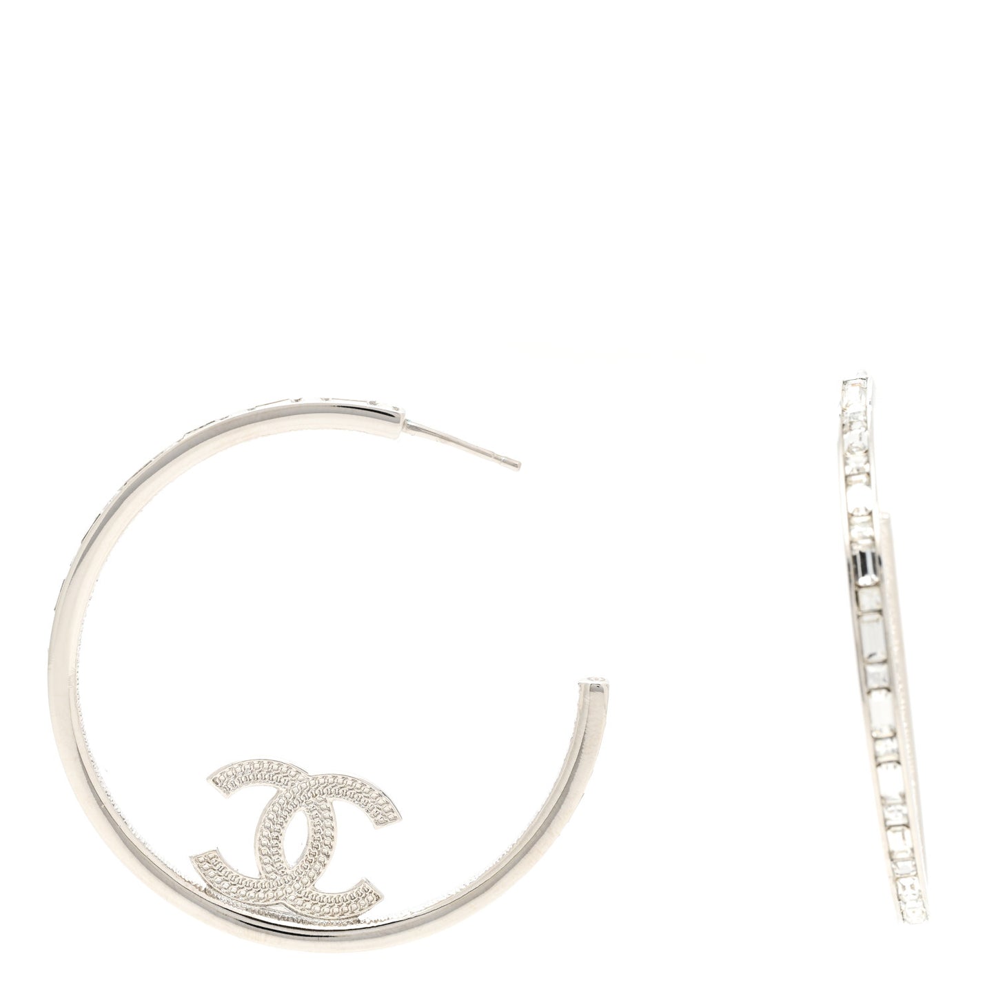 Metal Crystal Baguette CC Large Hoop Earrings Silver