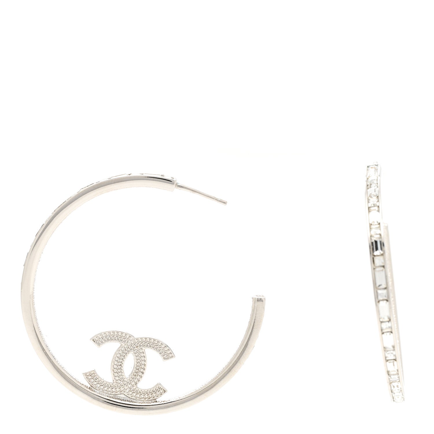 Chanel Metal Crystal Baguette CC Large Hoop Earrings Silver 1 of 6