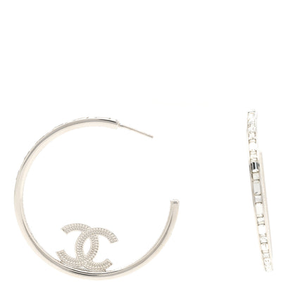 Chanel Metal Crystal Baguette CC Large Hoop Earrings Silver 1 of 6