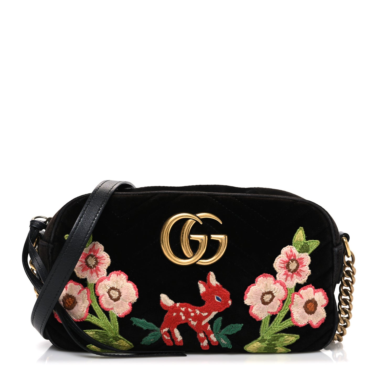 Velvet Matelasse Deer Embroidered Small GG Marmont Chain Shoulder Bag Black