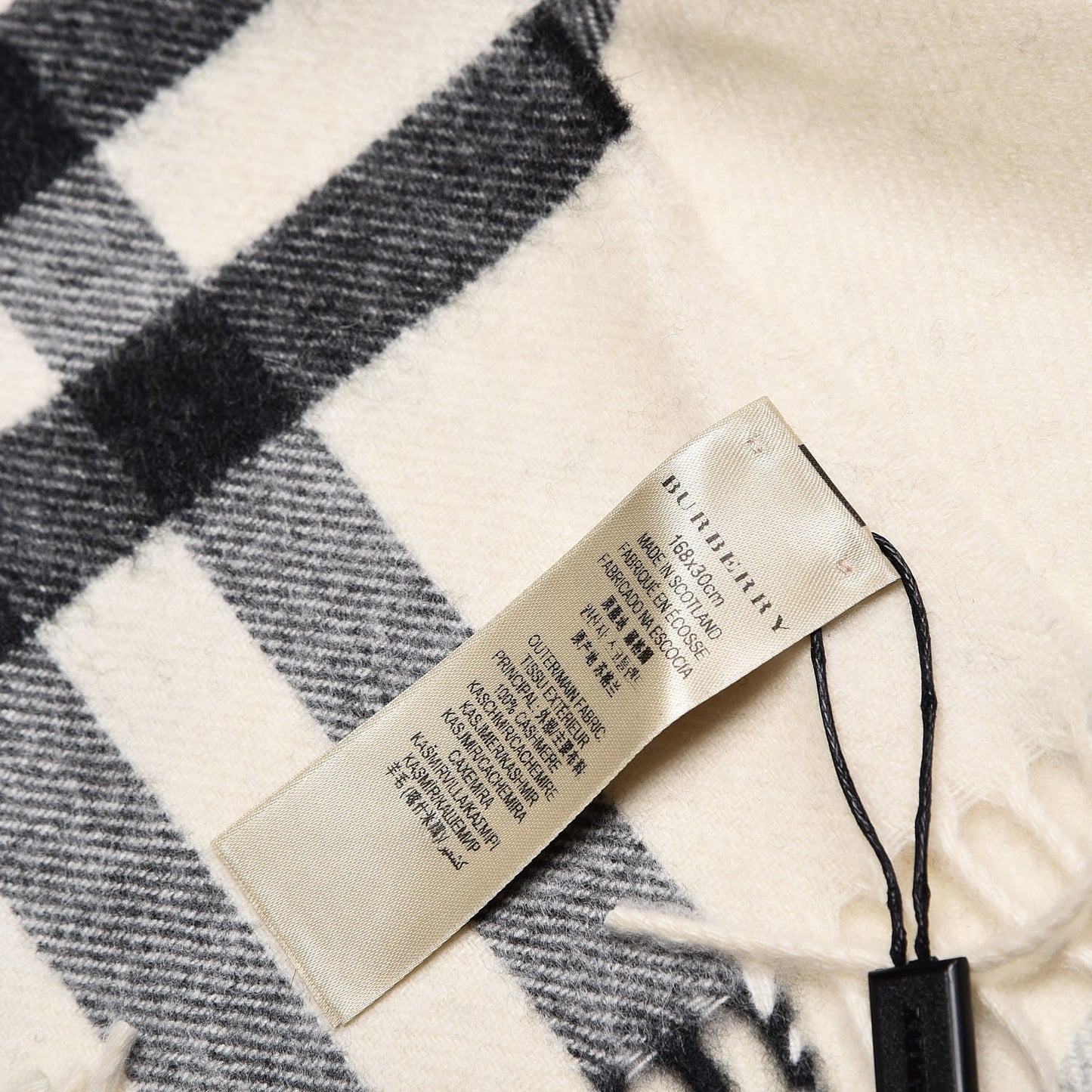 Cashmere Giant Check Fringe Scarf Natural White