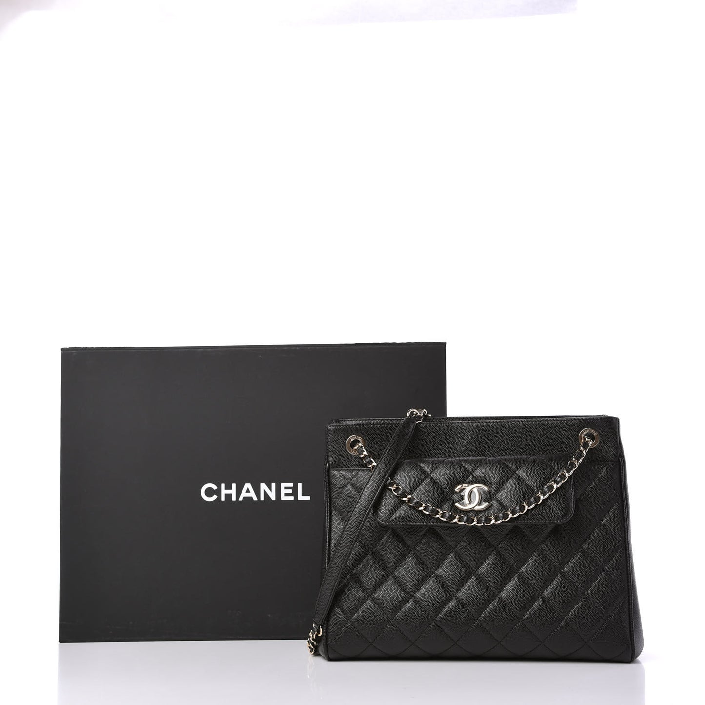 Caviar Quilted In Out Flap Shopping Tote Black
