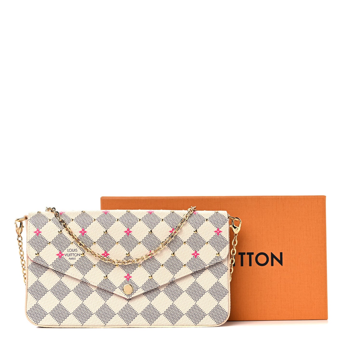 Damier Azur Studded Pochette Felicie Chain Wallet Fuchsia