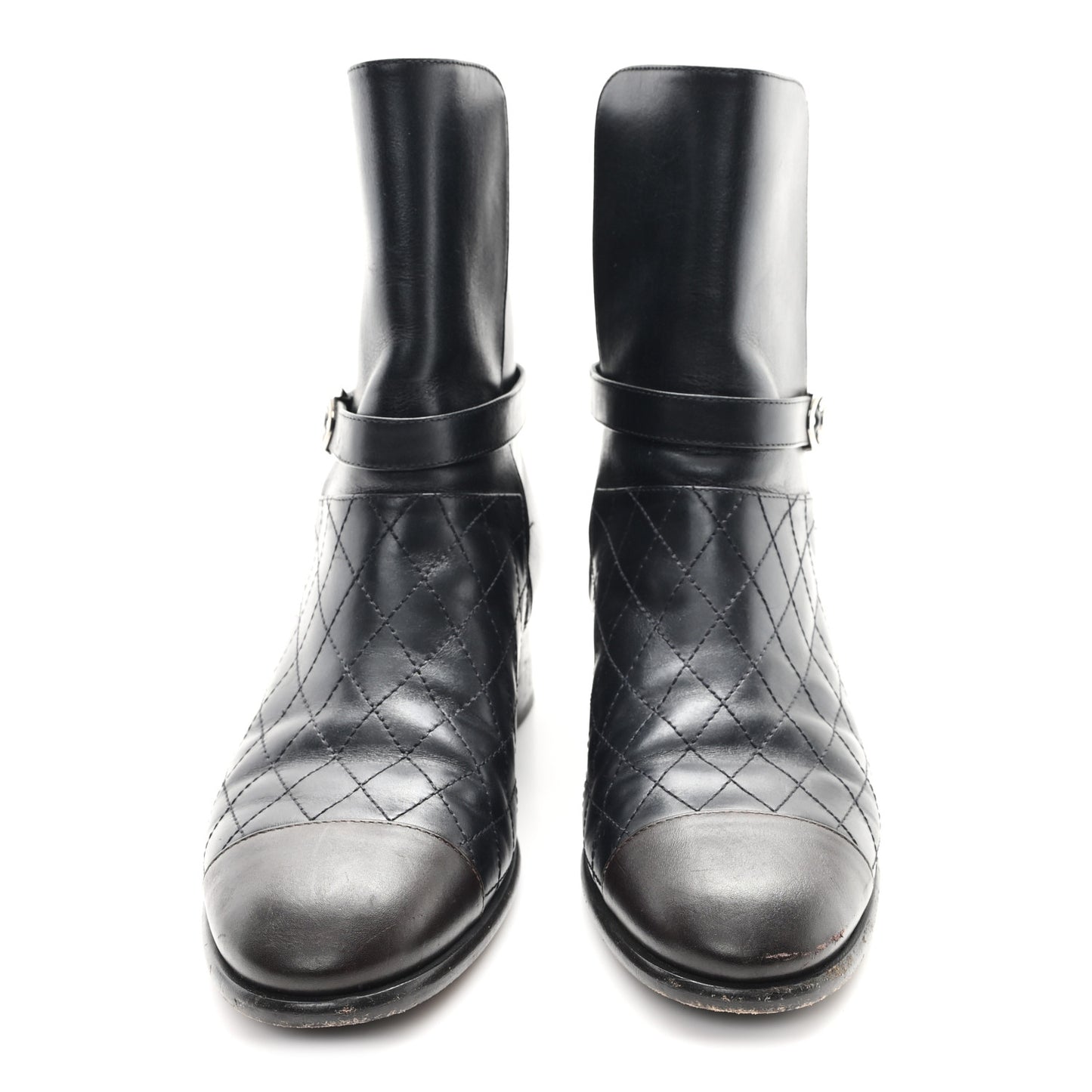 Calfskin Quilted Cap Toe Boots 41 Black Brown