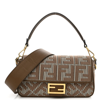 Fendi Wool Vitello King Houndstooth FF Embroidered Baguette Beige Moro 1 of 10