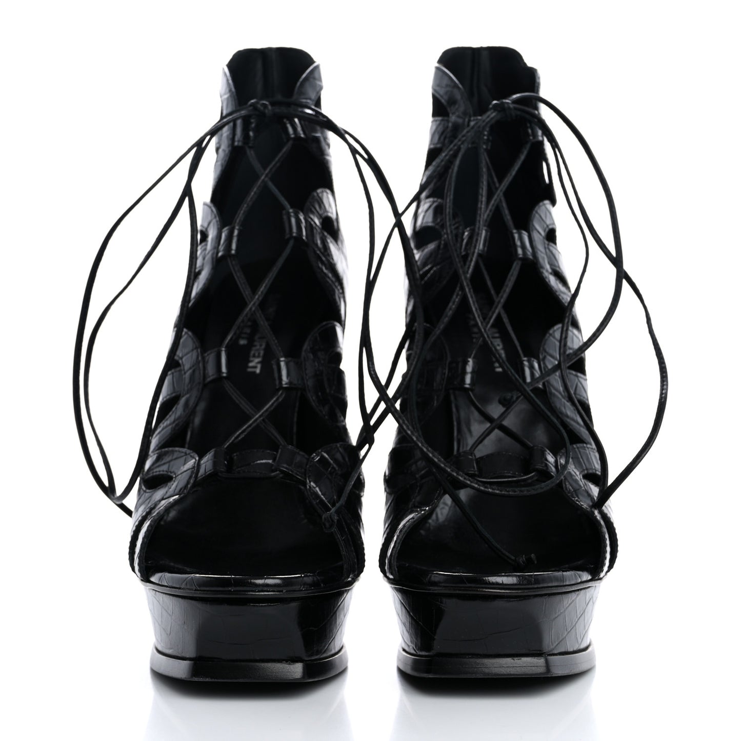Calfskin Crocodile Embossed Tribute 16 Lace Up Platform Sandals 40 Black