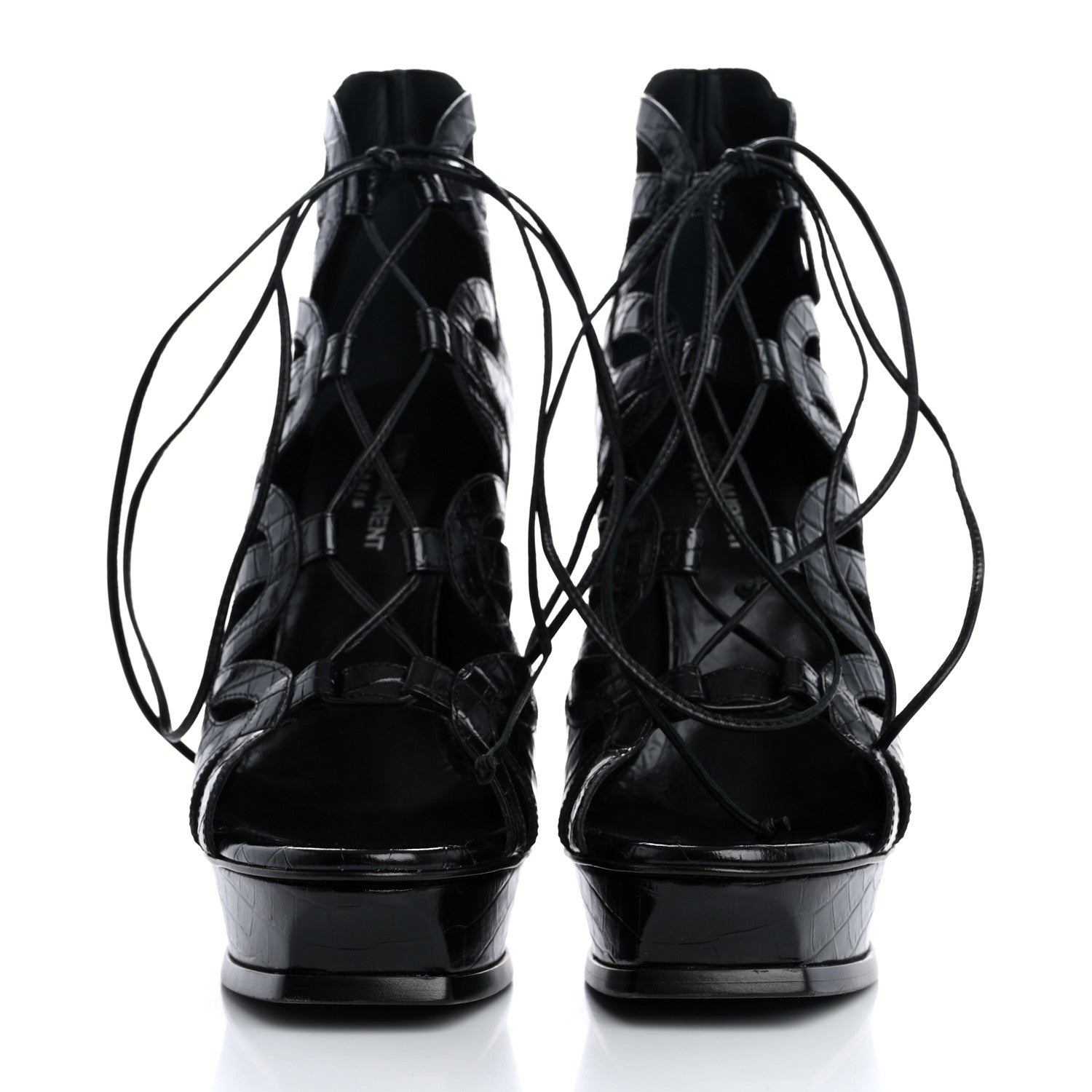 Saint Laurent Calfskin Crocodile Embossed Tribute 16 Lace Up Platform Sandals 40 Black 3 of 10
