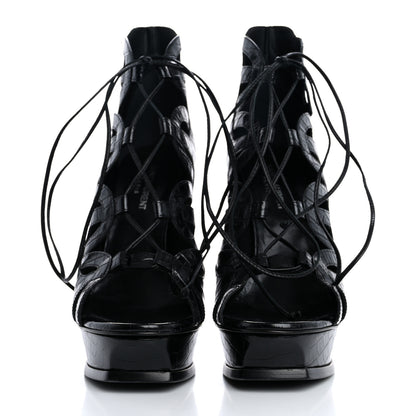 Saint Laurent Calfskin Crocodile Embossed Tribute 16 Lace Up Platform Sandals 40 Black 3 of 10
