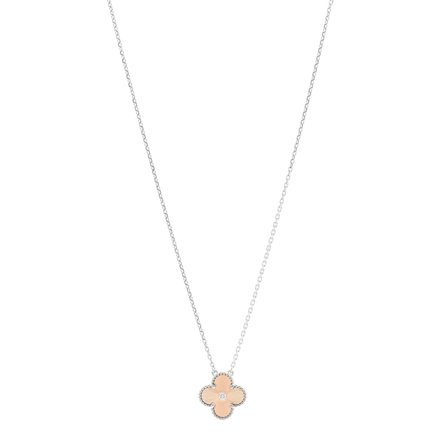 18K White Rose Gold Diamond Guilloche Vintage Alhambra Pendant Necklace
