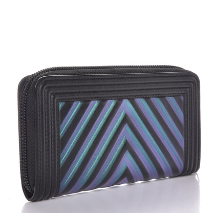 Chanel Calfskin Painted Chevron Embossed Small Boy Zip Wallet Black 3 of 9
