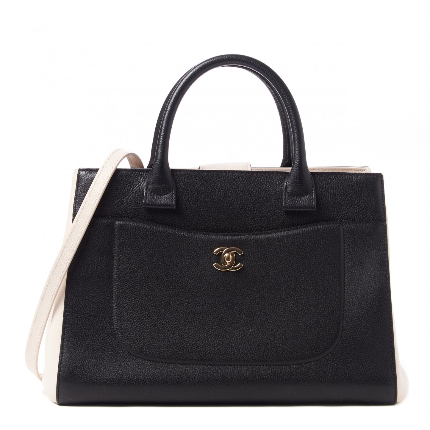 Grained Calfskin Small Bi-Color Neo Executive Shopper Tote Black Beige