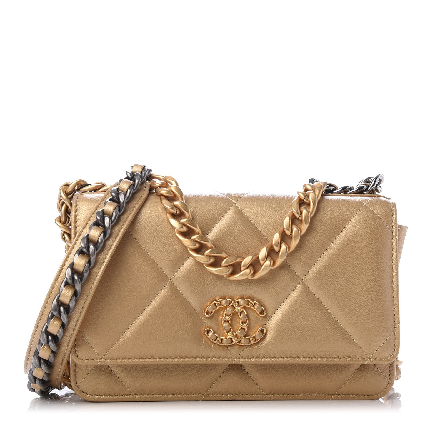 Metallic Goatskin Quilted Chanel 19 Wallet On Chain WOC Gold
