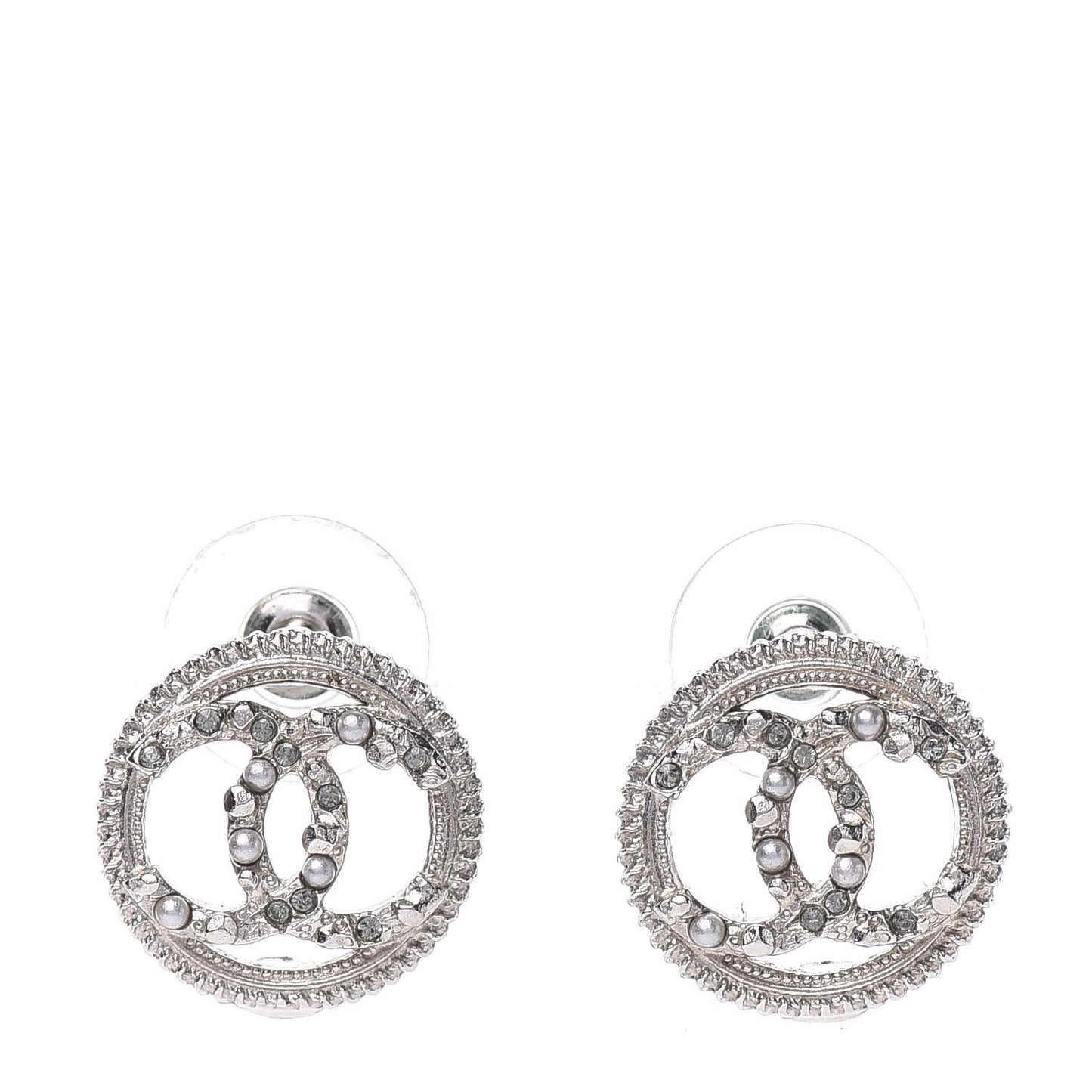 Pearl Crystal CC Round Earrings Silver