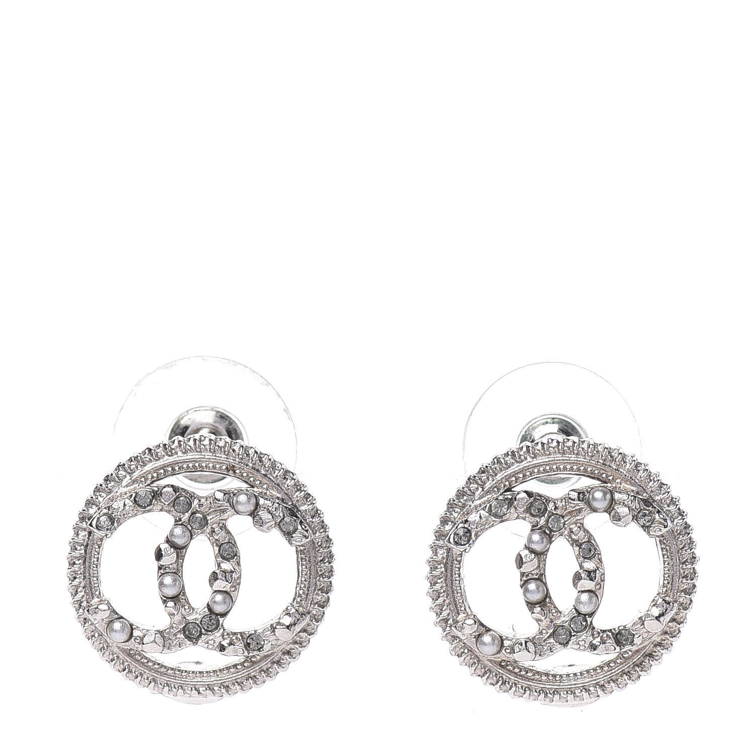 Chanel Pearl Crystal CC Round Earrings Silver 1 of 4