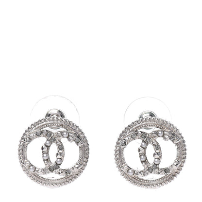 Chanel Pearl Crystal CC Round Earrings Silver 1 of 4