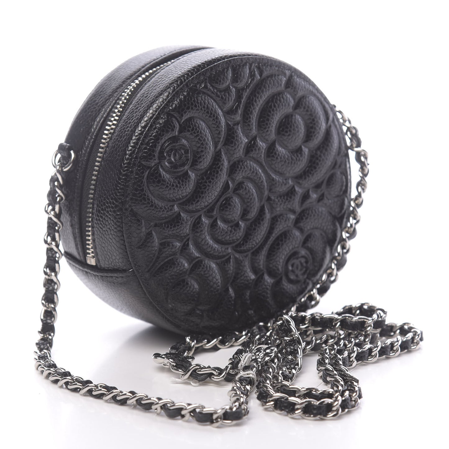 Caviar Camellia Embossed Round Clutch With Chain Black