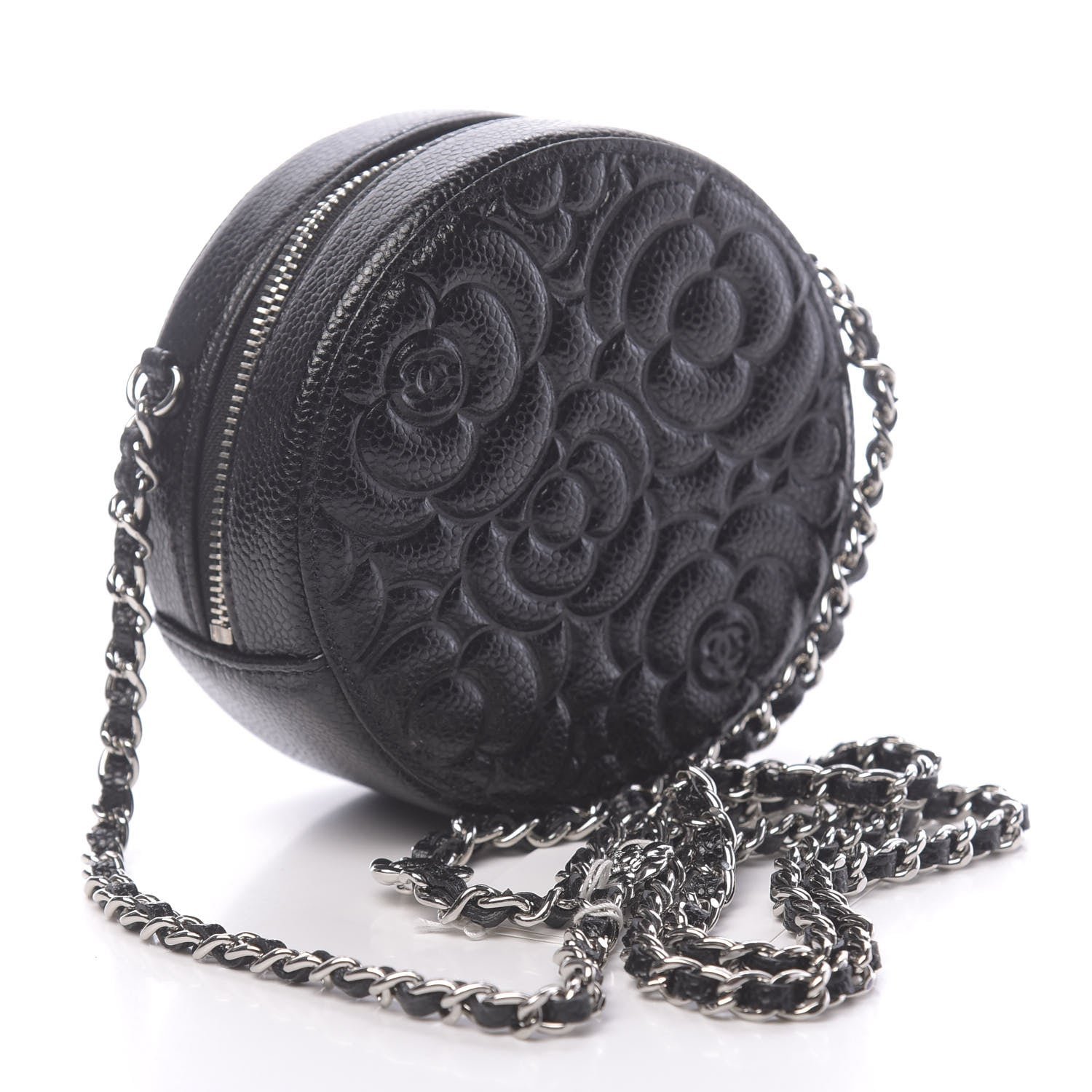 Chanel Caviar Camellia Embossed Round Clutch With Chain Black 3 of 11