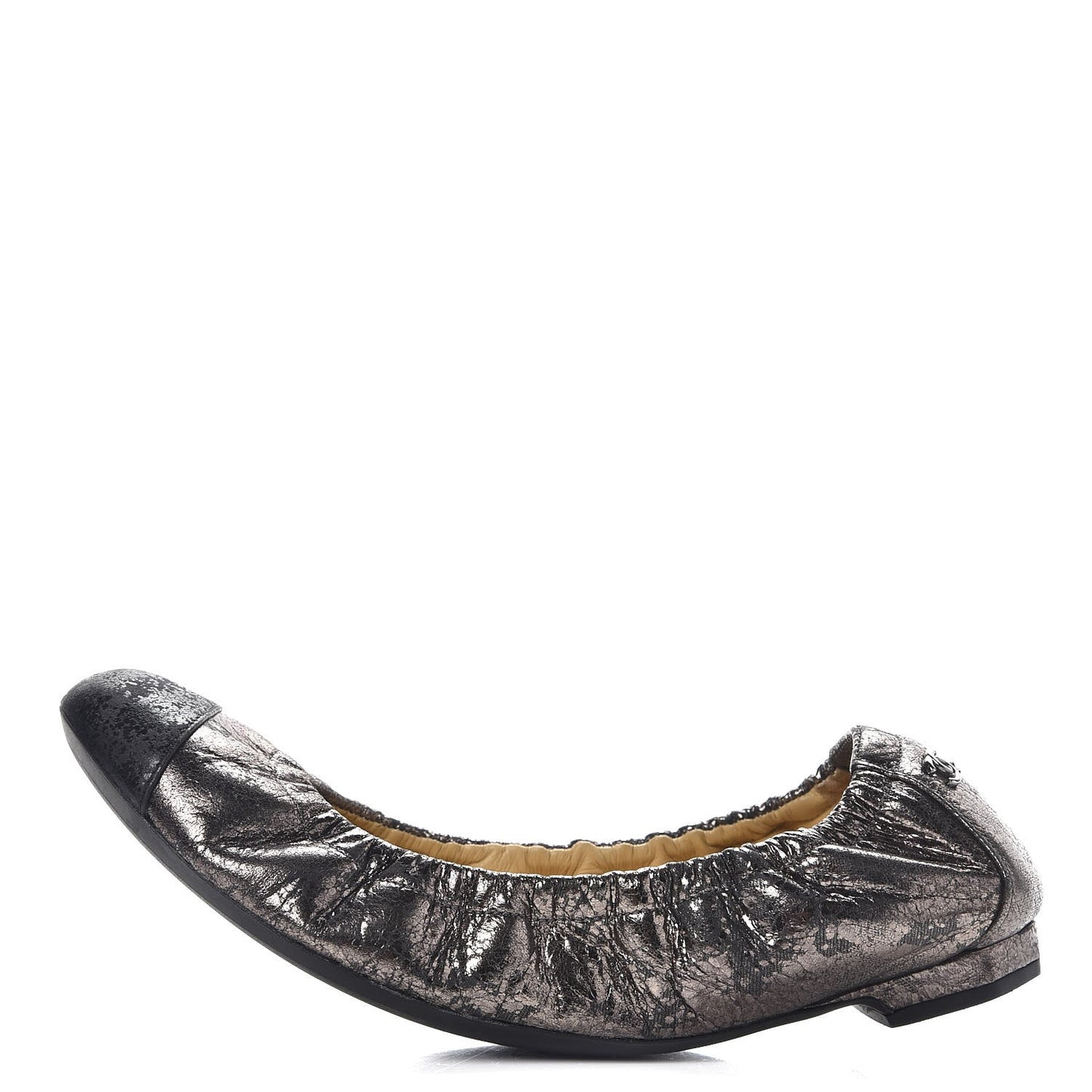 Metallic Crackled Calfskin CC Elastic Cap Toe Ballerina Flats 37 Dark Brown Black