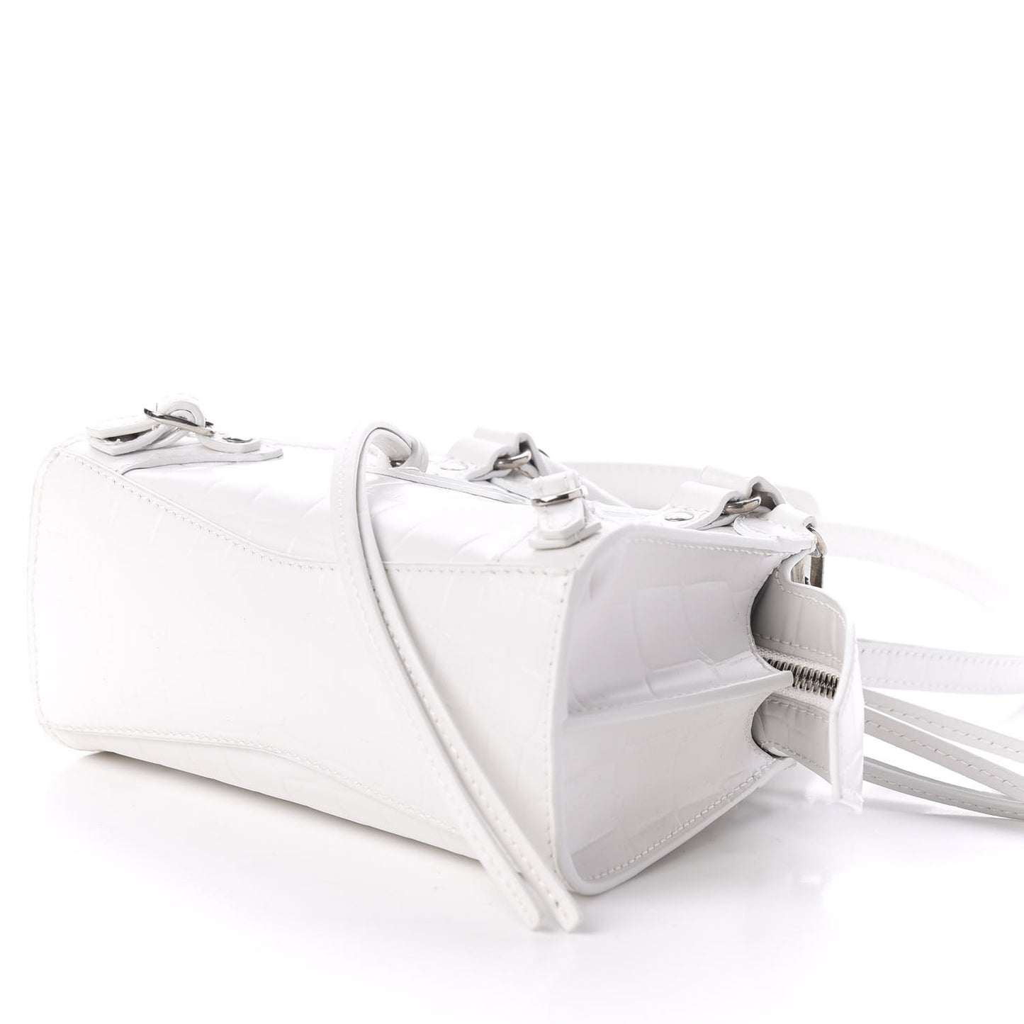 Semi Shiny Calfskin Crocodile Embossed Neo Classic Silver Hardware Nano City Crossbody White