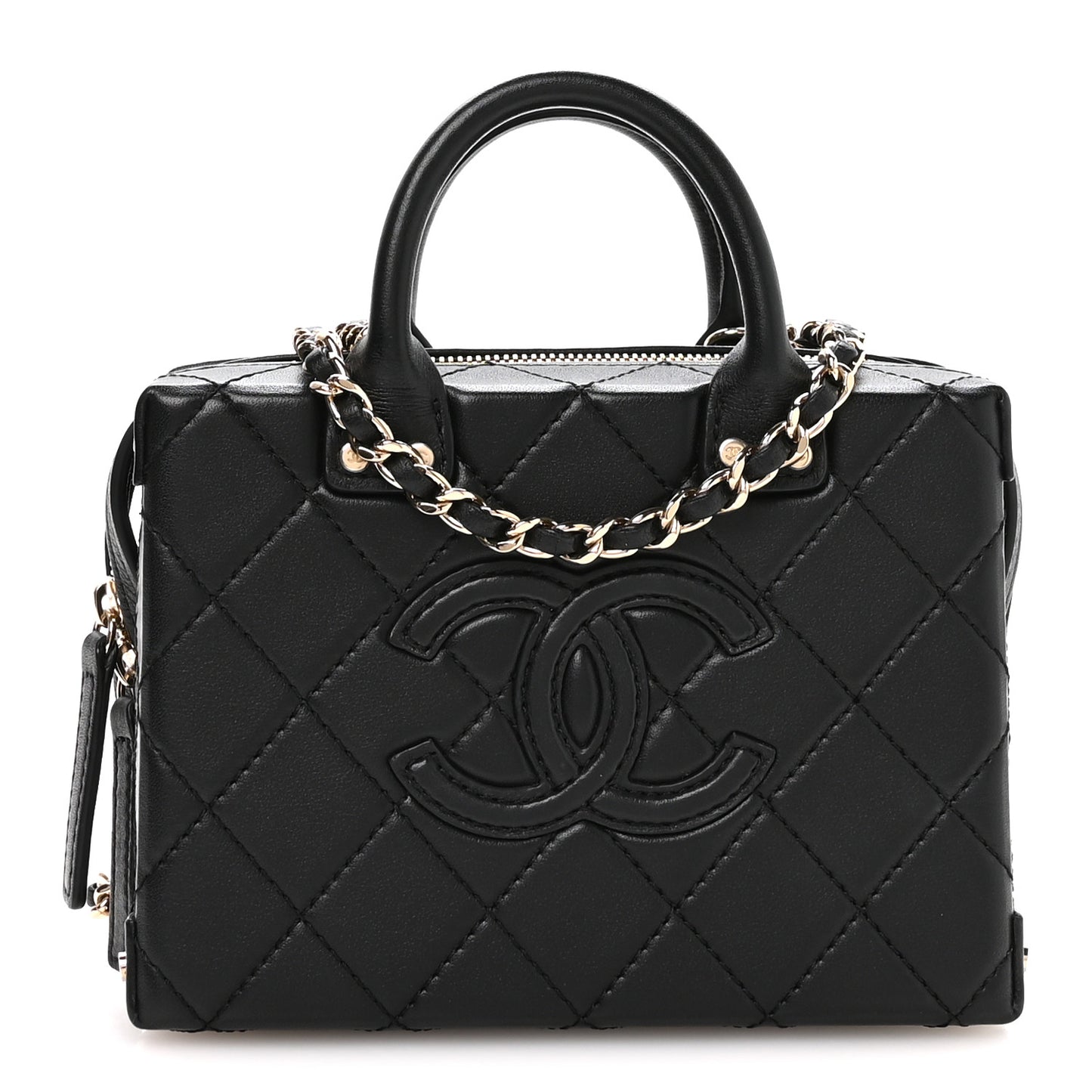 Calfskin Quilted Small Studded Square Vanity Case Black
