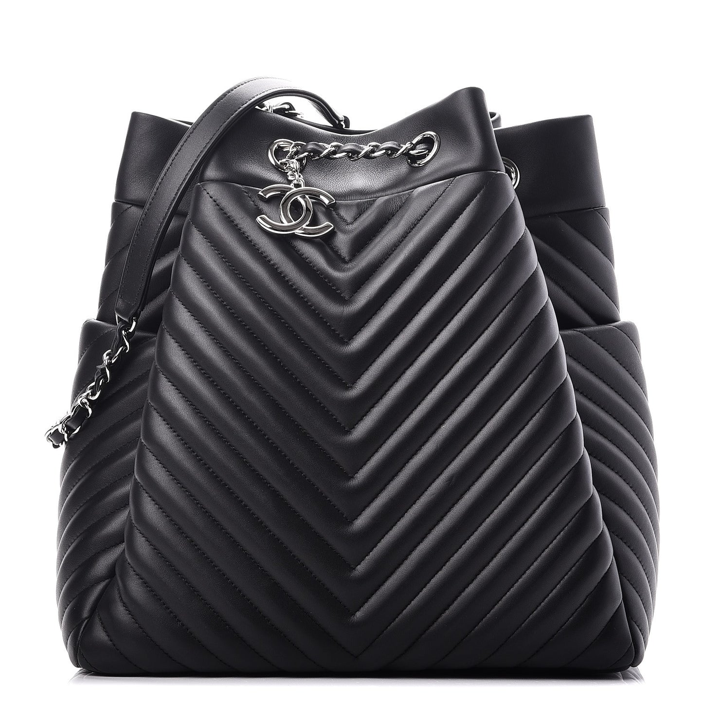 Calfskin Chevron Large Urban Spirit Drawstring Bag Black
