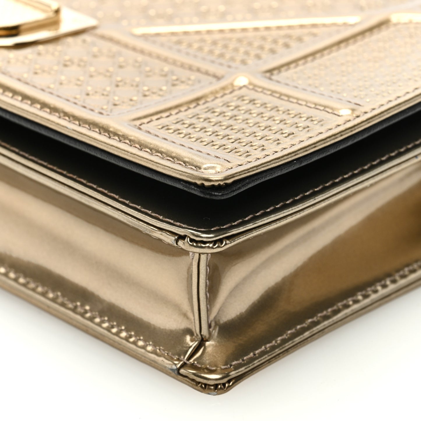 Metallic Patent Micro-Cannage Diorama Wallet on Chain Pouch Gold